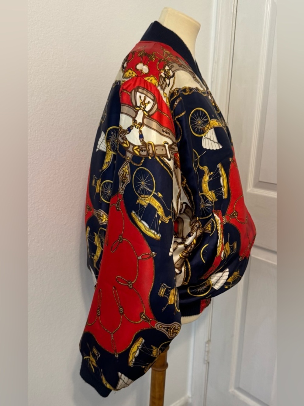 Vintage Angela Tong Bomber Jacket Equestrian Scarf Print Red Navy Retro M *READ* - Picture 4 of 13